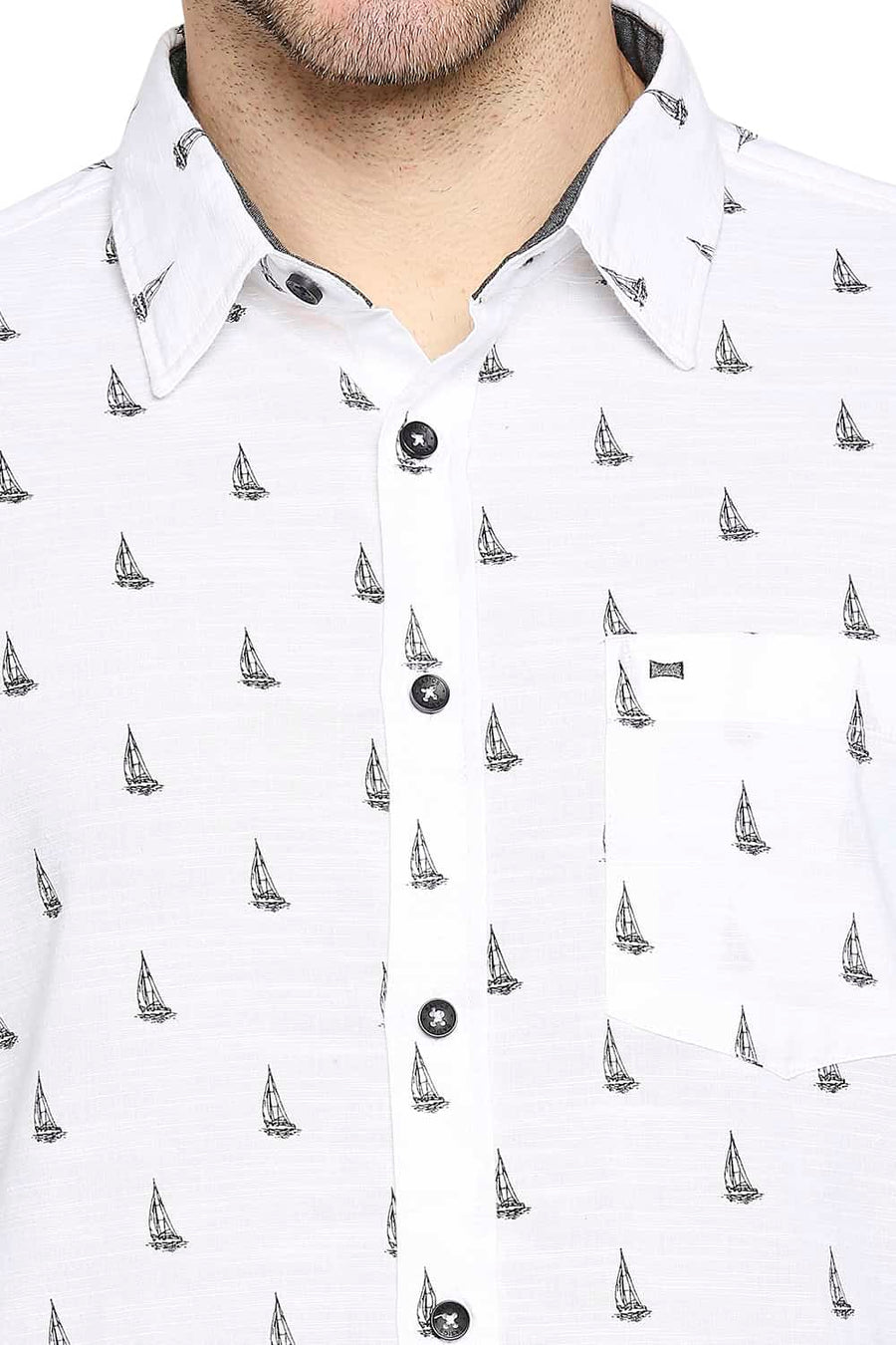 BASICS SLIM FIT BRIGHT WHITE SLUB PRINTED SHIRT