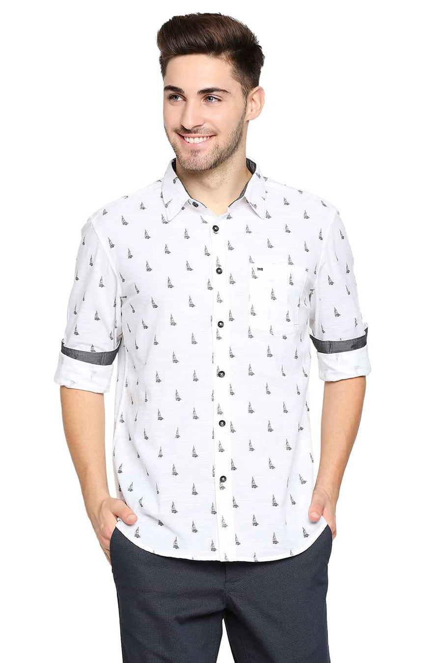 BASICS SLIM FIT BRIGHT WHITE SLUB PRINTED SHIRT