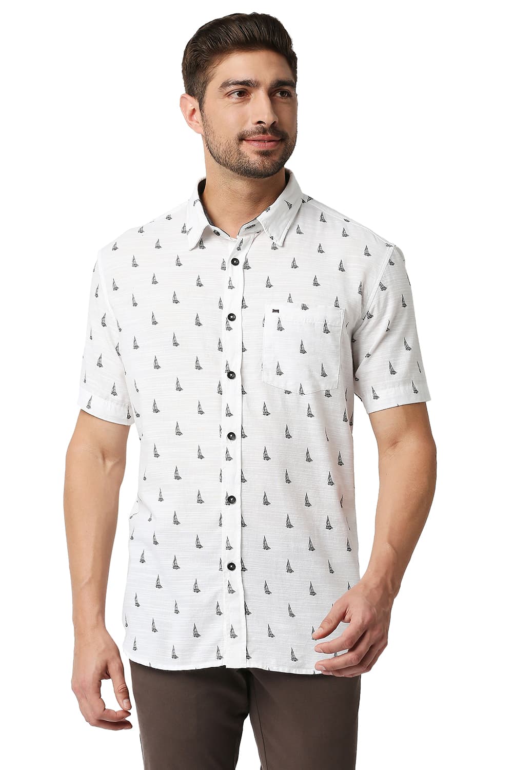 BASICS SLIM FIT SLUB PRINTED HALFSLEEVES SHIRT