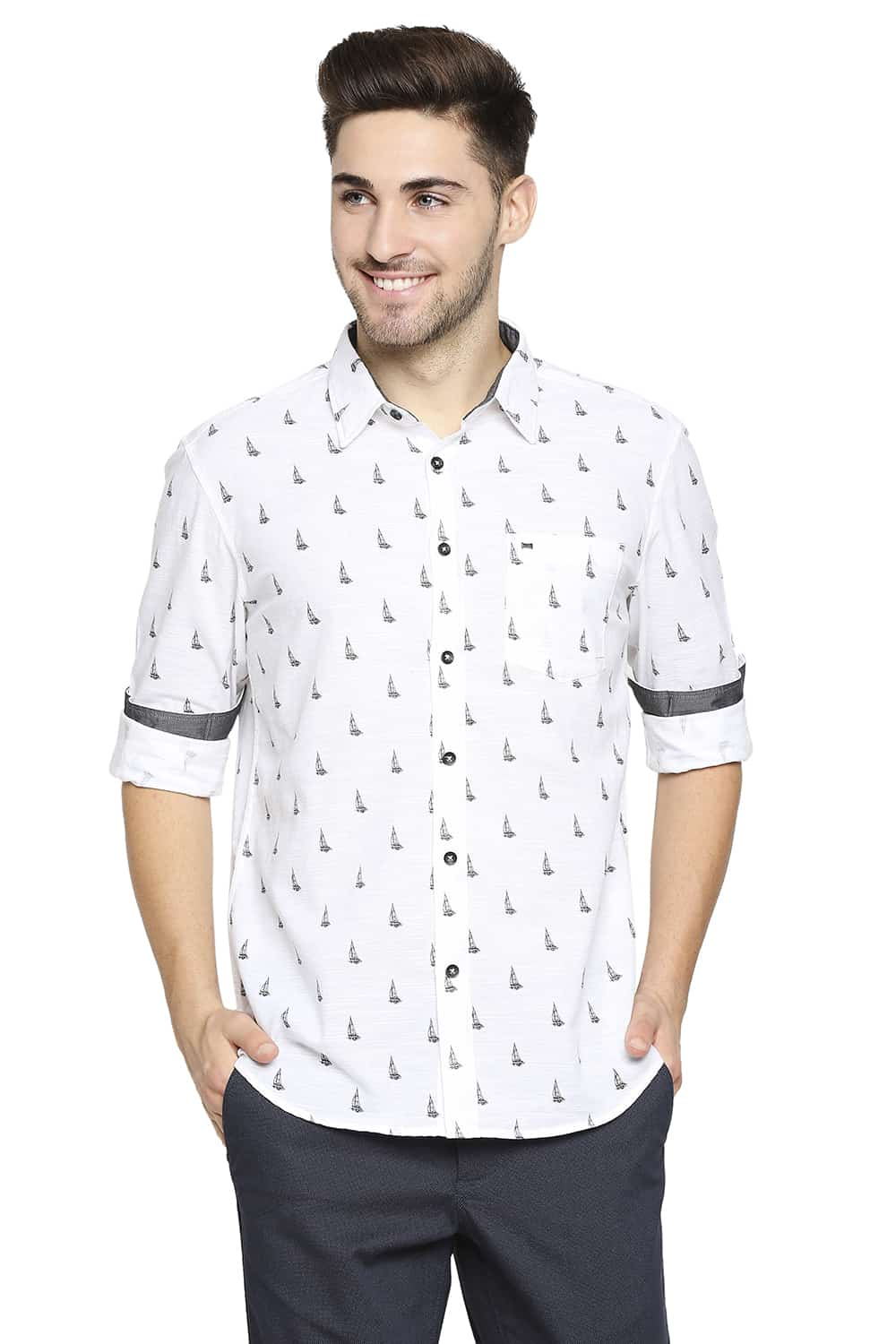 BASICS SLIM FIT SLUB PRINTED SHIRT