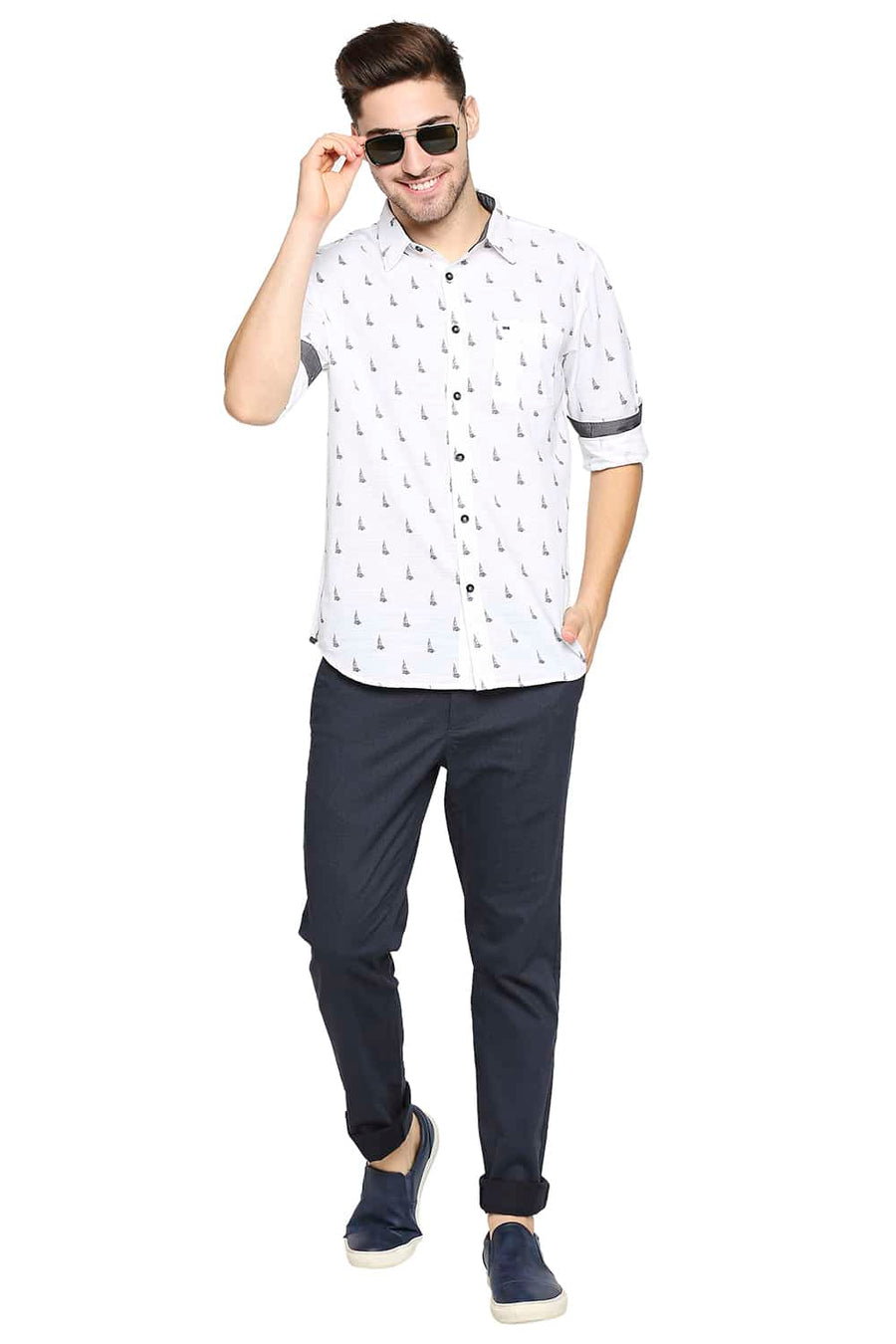 BASICS SLIM FIT BRIGHT WHITE SLUB PRINTED SHIRT