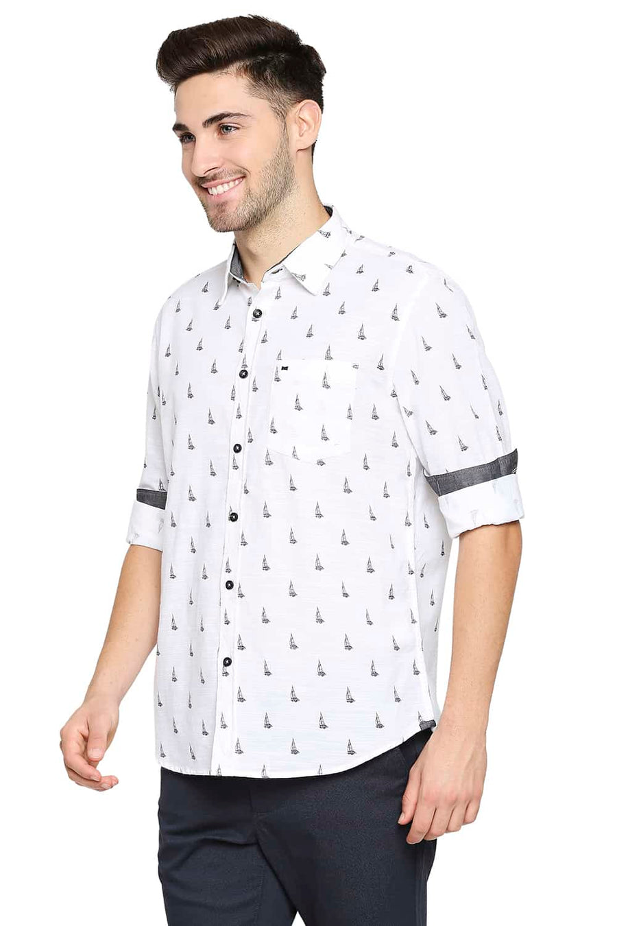 BASICS SLIM FIT BRIGHT WHITE SLUB PRINTED SHIRT