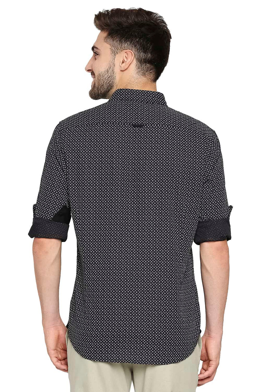 BASICS SLIM FIT OYSTER GREY COTTON LINEN PRINTED SHIRT