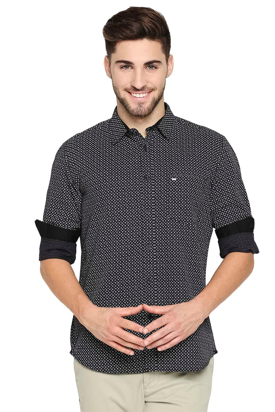 BASICS SLIM FIT OYSTER GREY COTTON LINEN PRINTED SHIRT