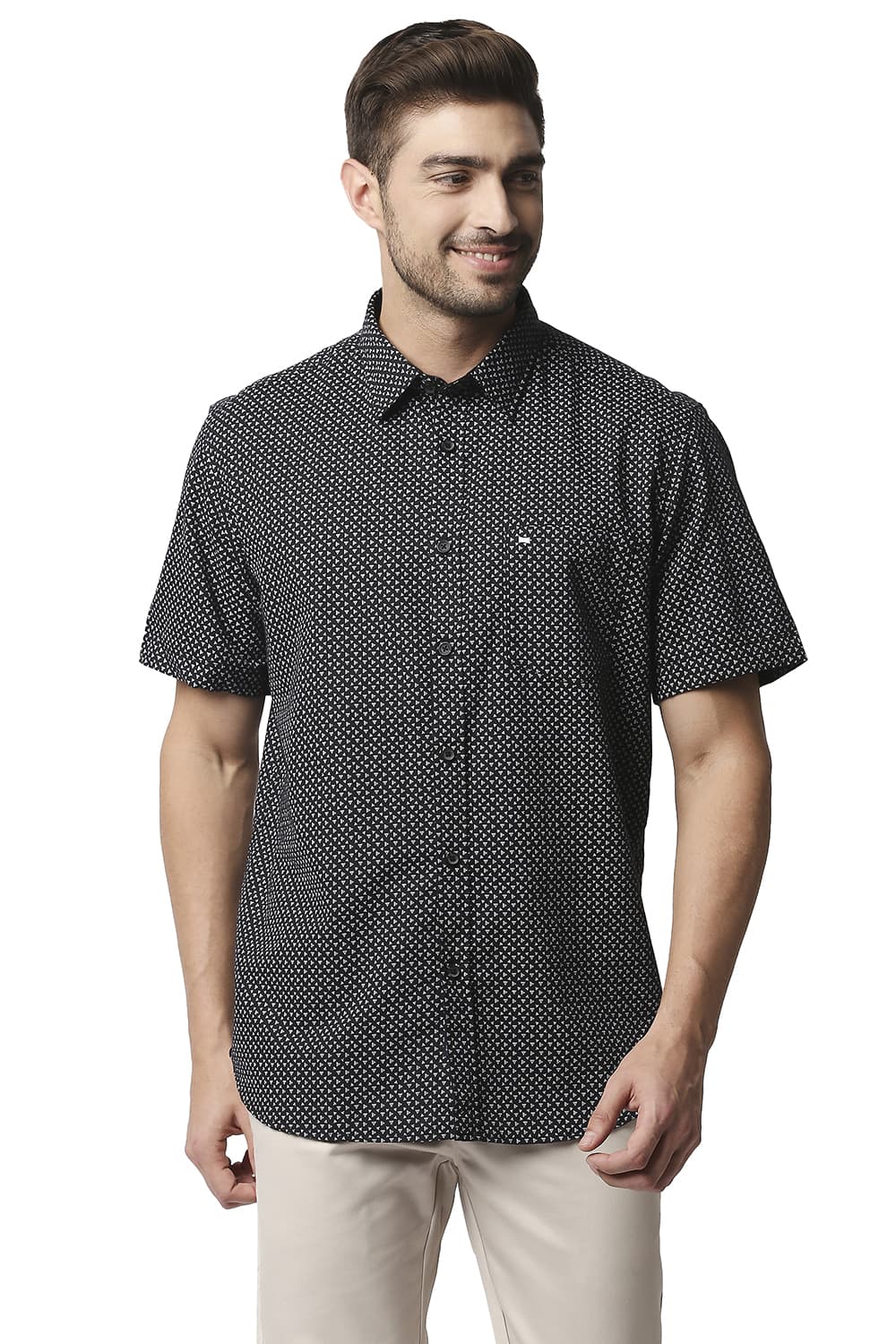 BASICS SLIM FIT COTTON LINEN PRINTED SHIRT