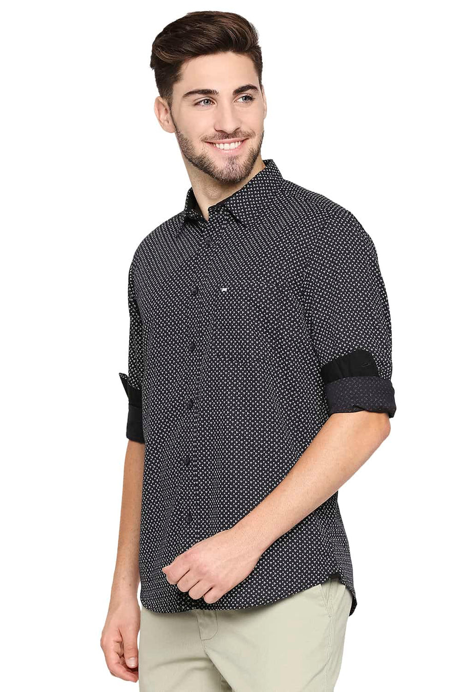 BASICS SLIM FIT OYSTER GREY COTTON LINEN PRINTED SHIRT