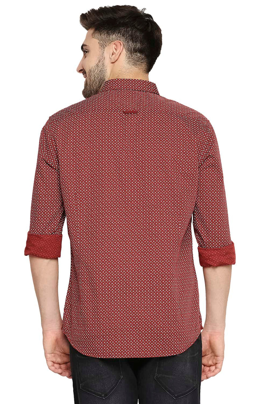 BASICS SLIM FIT BURNT MAROON COTTON LINEN PRINTED SHIRT