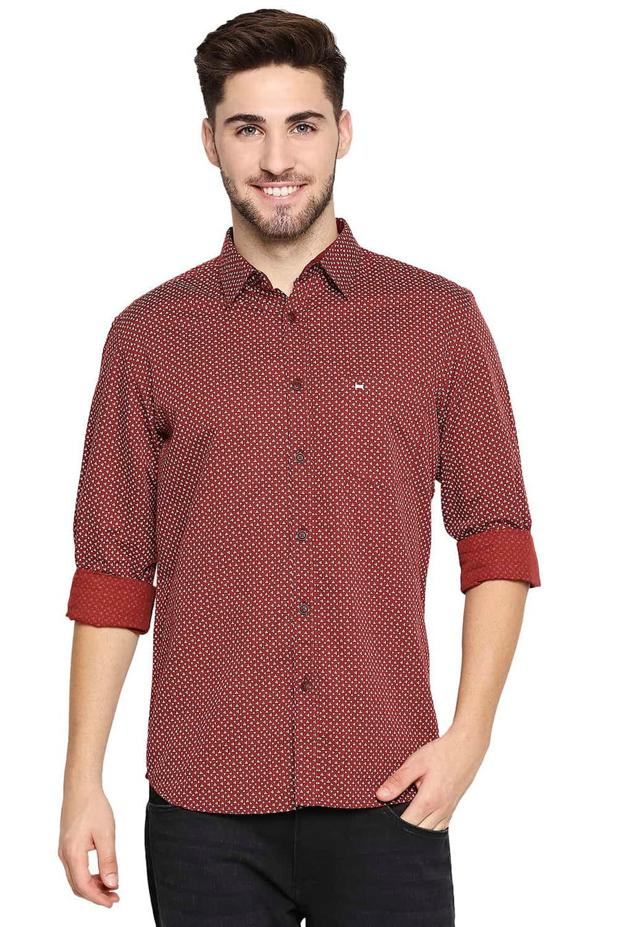 BASICS SLIM FIT BURNT MAROON COTTON LINEN PRINTED SHIRT