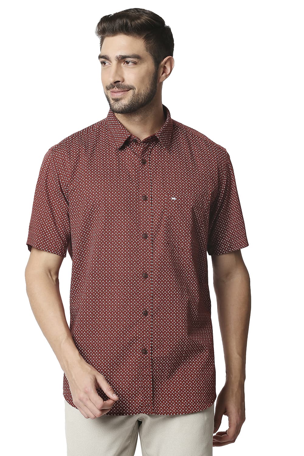 BASICS SLIM FIT COTTON LINEN PRINTED HALFSLEEVES SHIRT