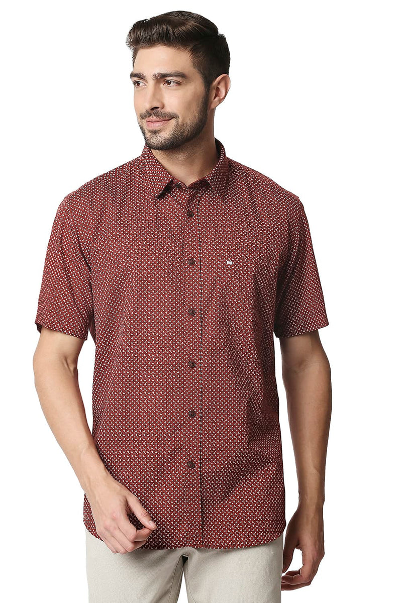 BASICS SLIM FIT COTTON LINEN PRINTED HALFSLEEVES SHIRT