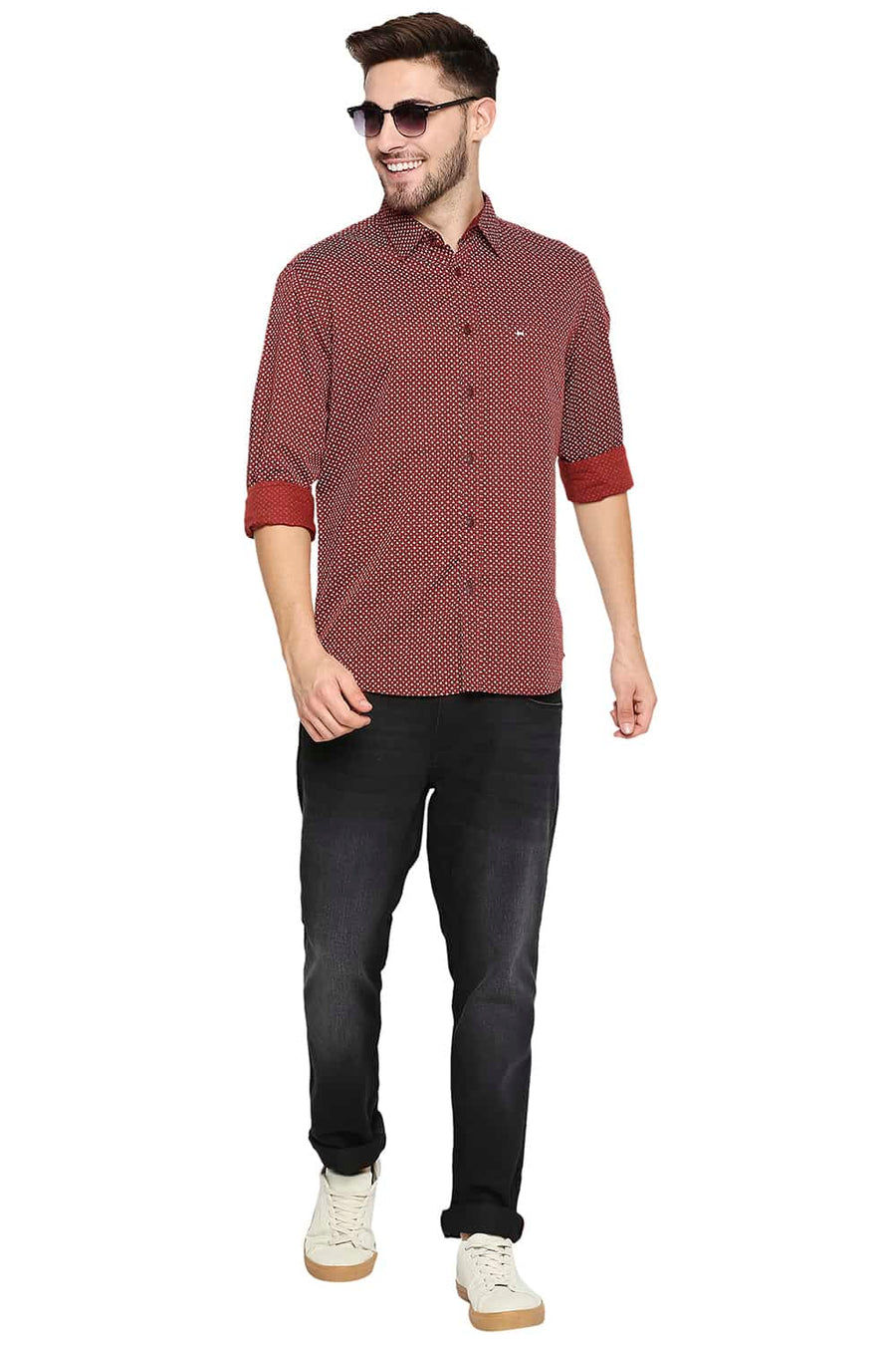 BASICS SLIM FIT BURNT MAROON COTTON LINEN PRINTED SHIRT