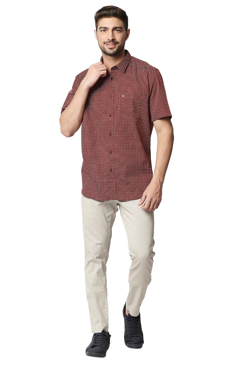 BASICS SLIM FIT COTTON LINEN PRINTED HALFSLEEVES SHIRT