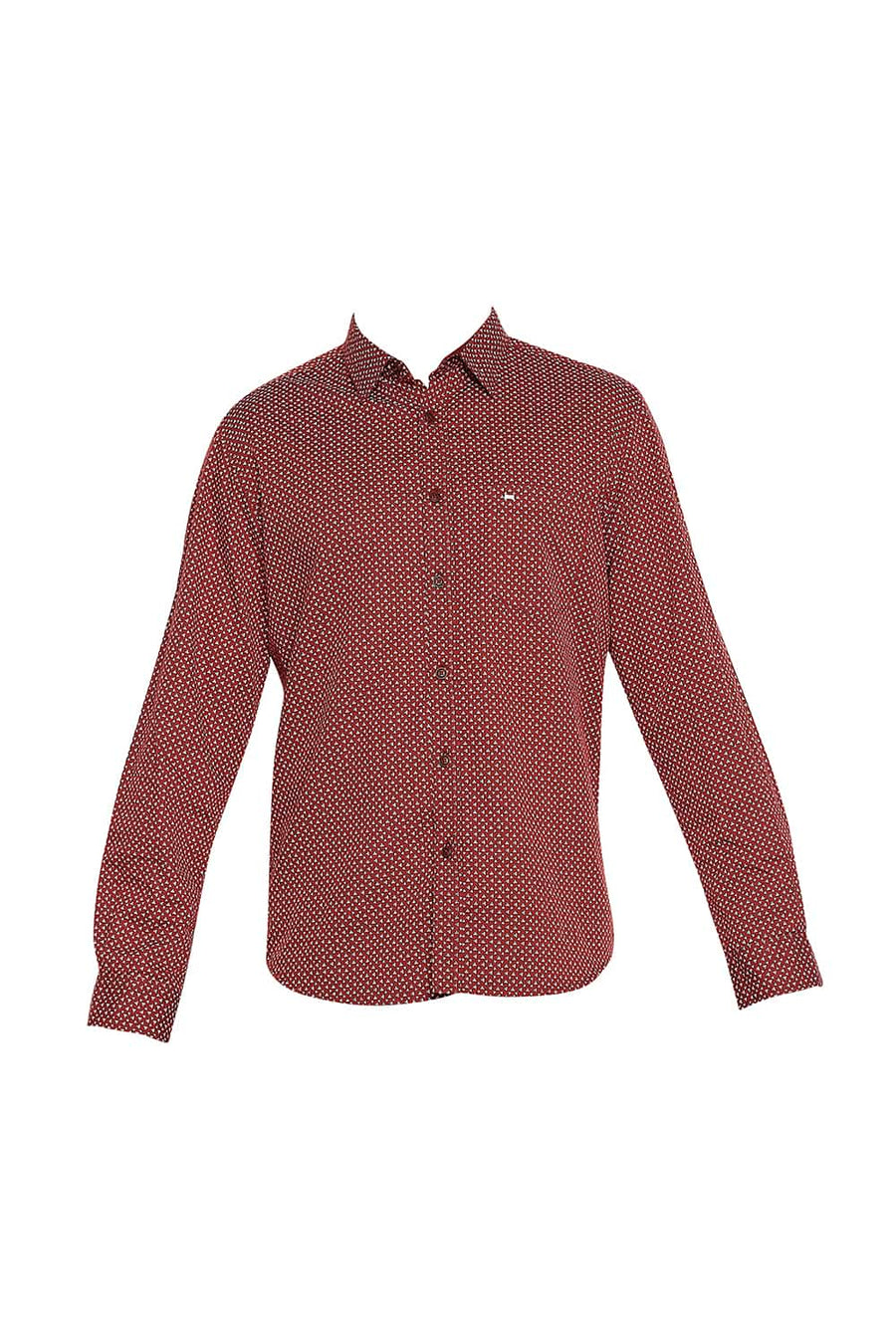 BASICS SLIM FIT BURNT MAROON COTTON LINEN PRINTED SHIRT