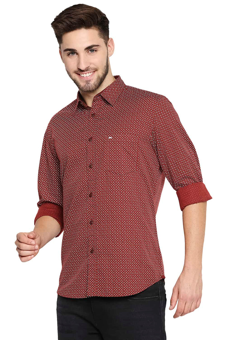 BASICS SLIM FIT BURNT MAROON COTTON LINEN PRINTED SHIRT