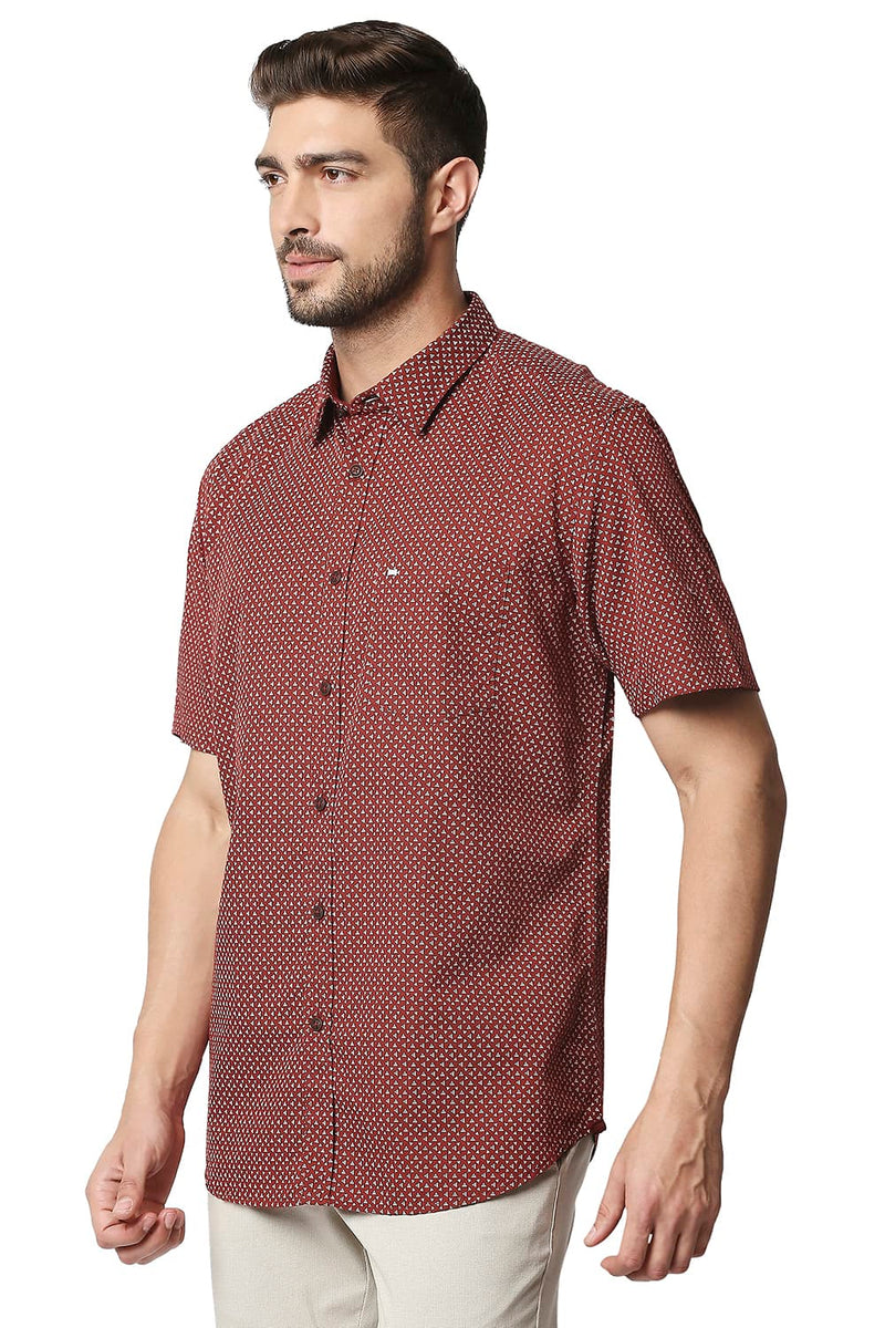 BASICS SLIM FIT COTTON LINEN PRINTED HALFSLEEVES SHIRT