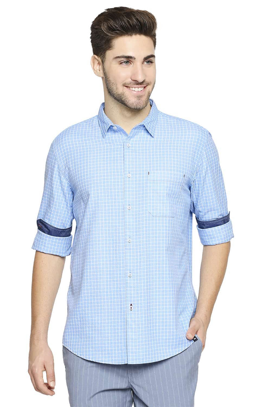 BASICS SLIM FIT FROZEN BLUE GRINDLE CHECKS SHIRT