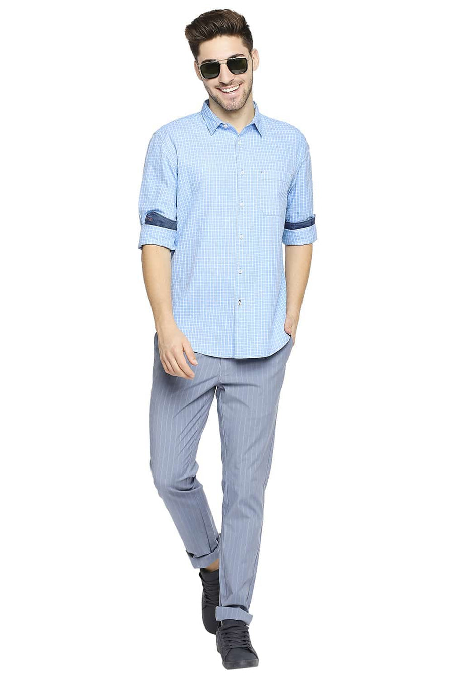 BASICS SLIM FIT FROZEN BLUE GRINDLE CHECKS SHIRT