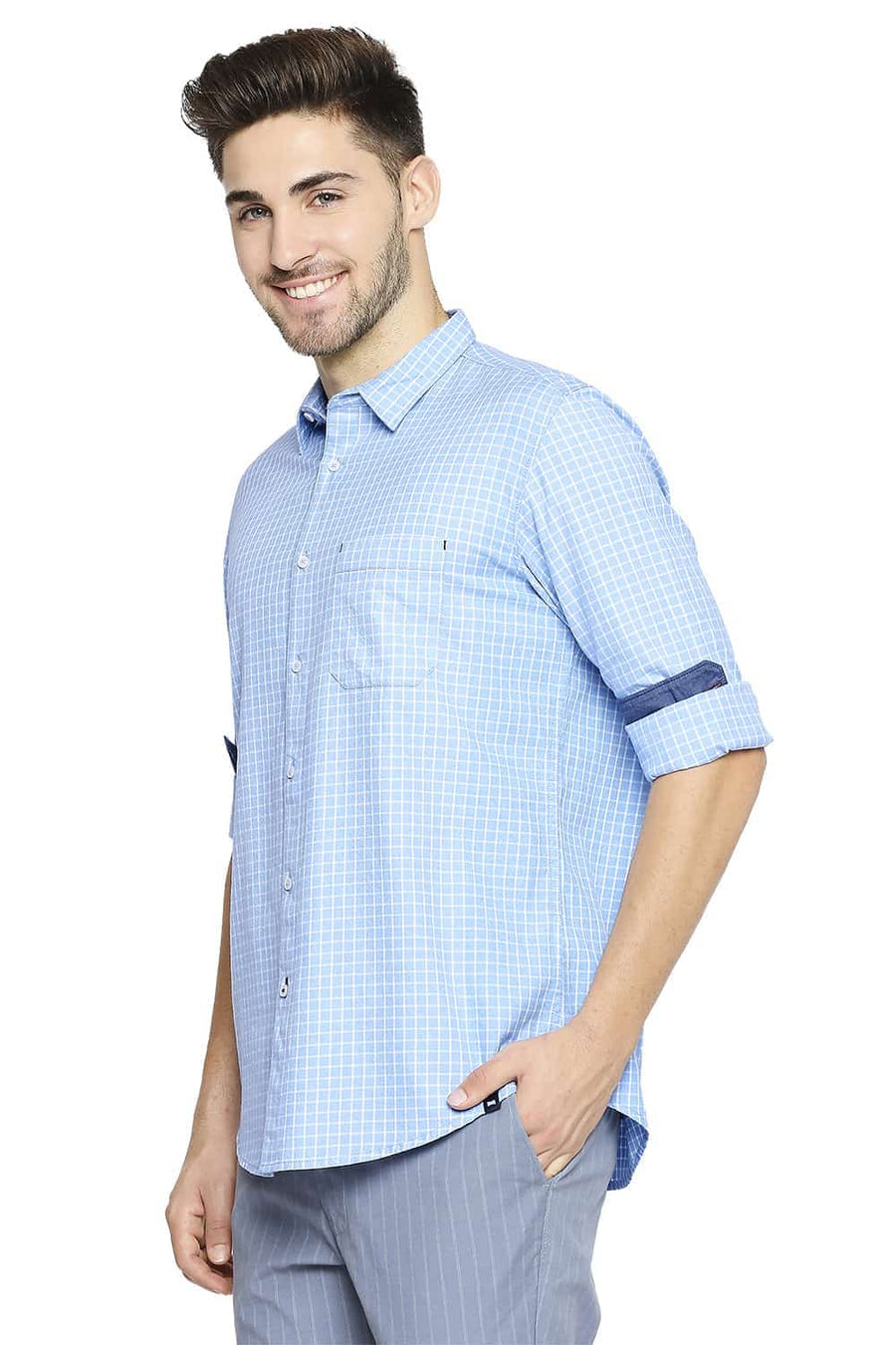 BASICS SLIM FIT FROZEN BLUE GRINDLE CHECKS SHIRT