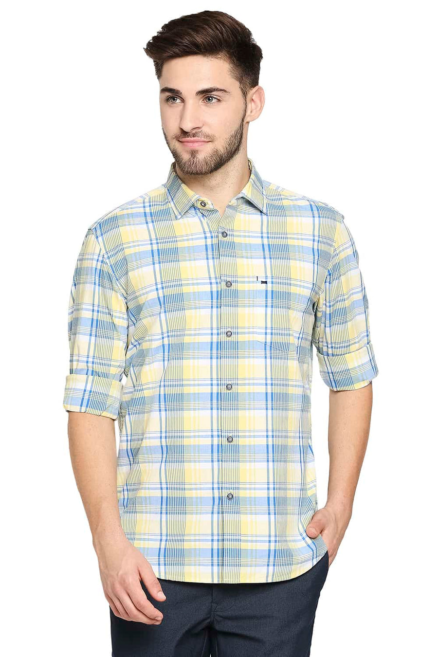 BASICS SLIM FIT ASPEN YELLOW CHECKS SHIRT