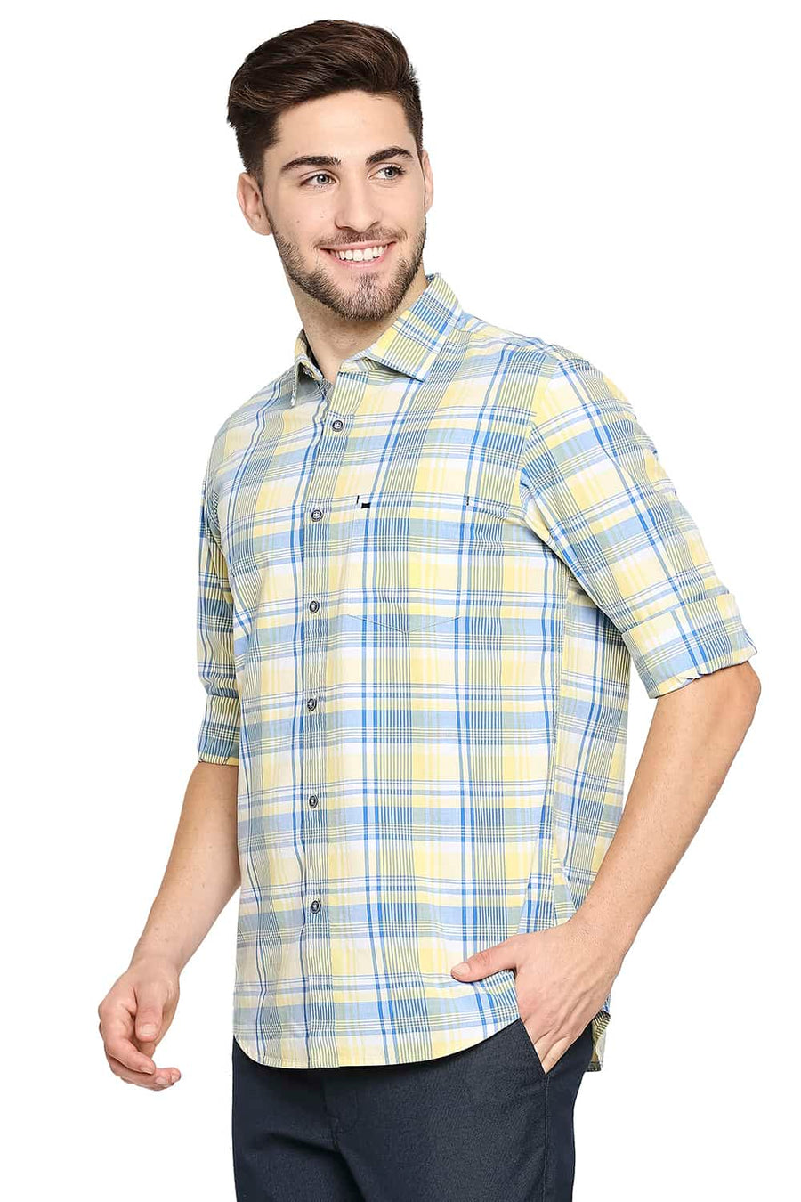 BASICS SLIM FIT ASPEN YELLOW CHECKS SHIRT