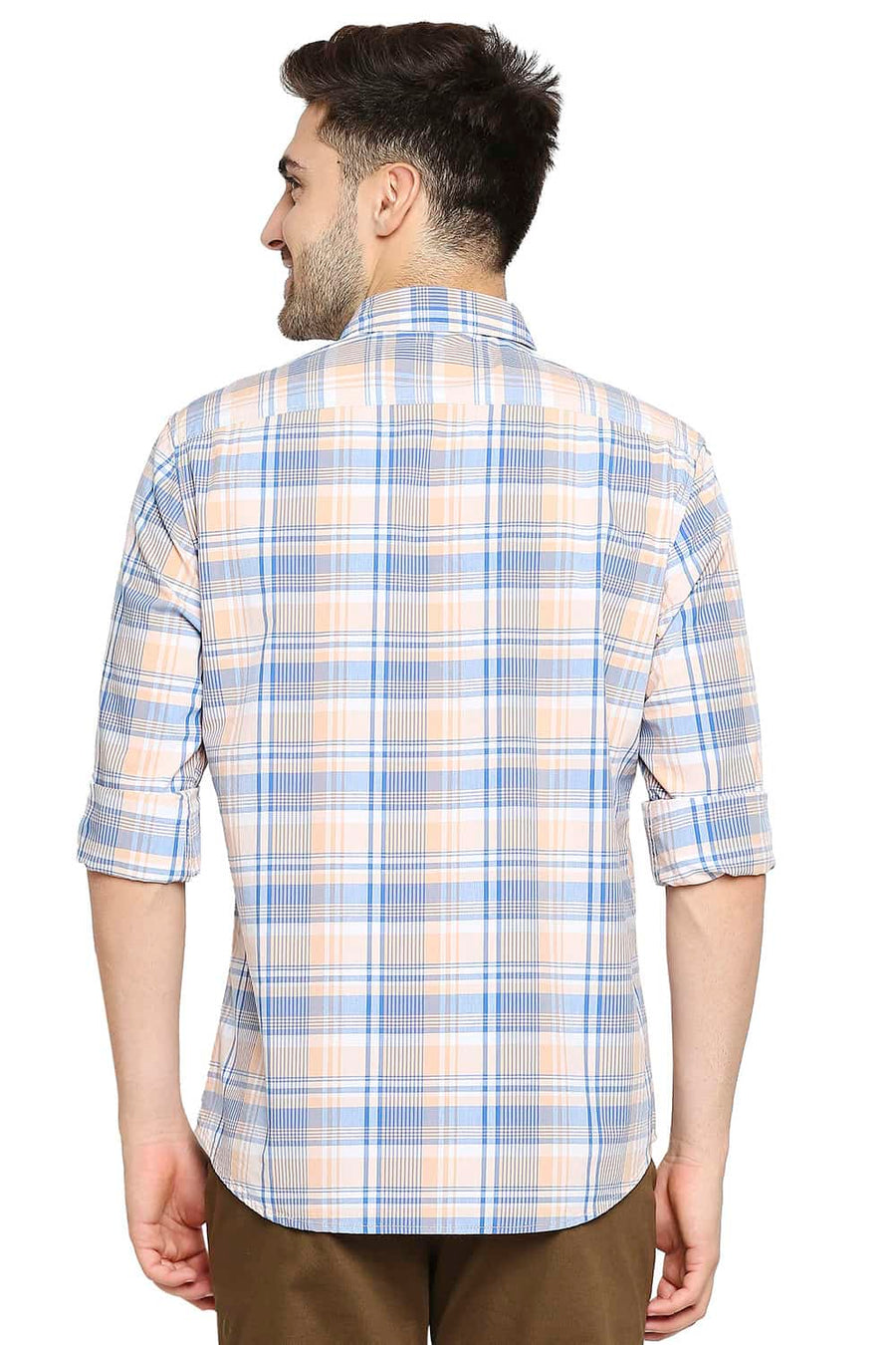 BASICS SLIM FIT CORAL ORANGE CHECKS SHIRT