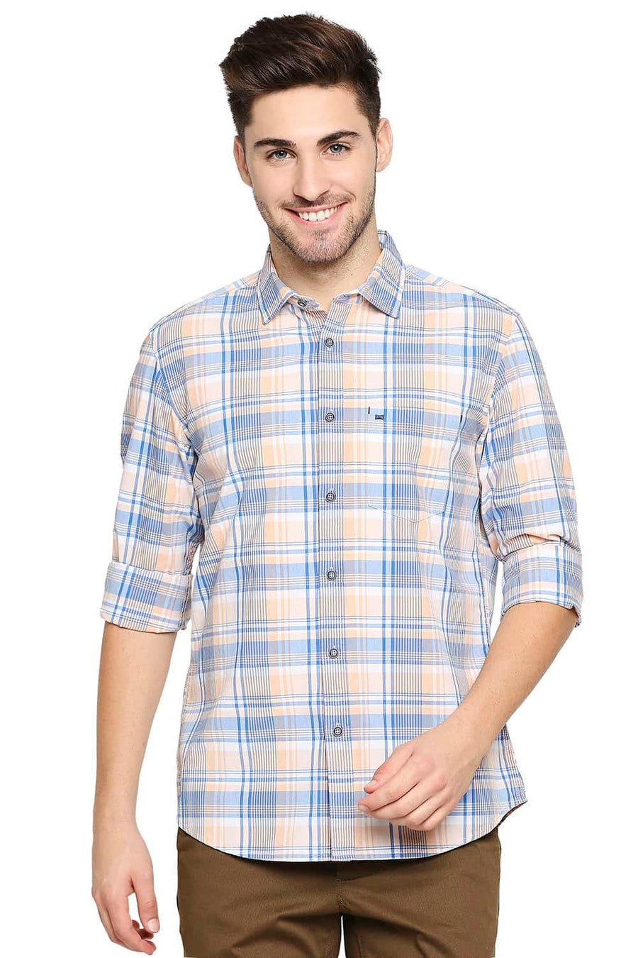 BASICS SLIM FIT CORAL ORANGE CHECKS SHIRT