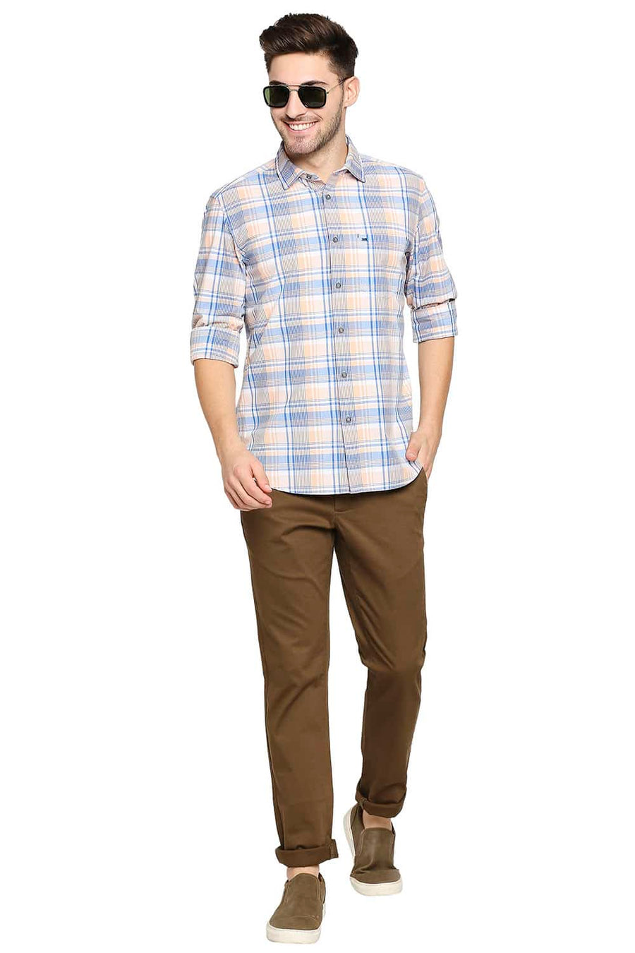 BASICS SLIM FIT CORAL ORANGE CHECKS SHIRT