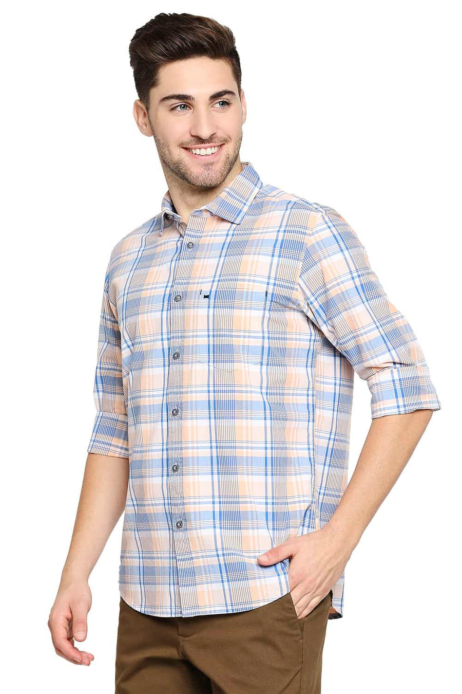 BASICS SLIM FIT CORAL ORANGE CHECKS SHIRT