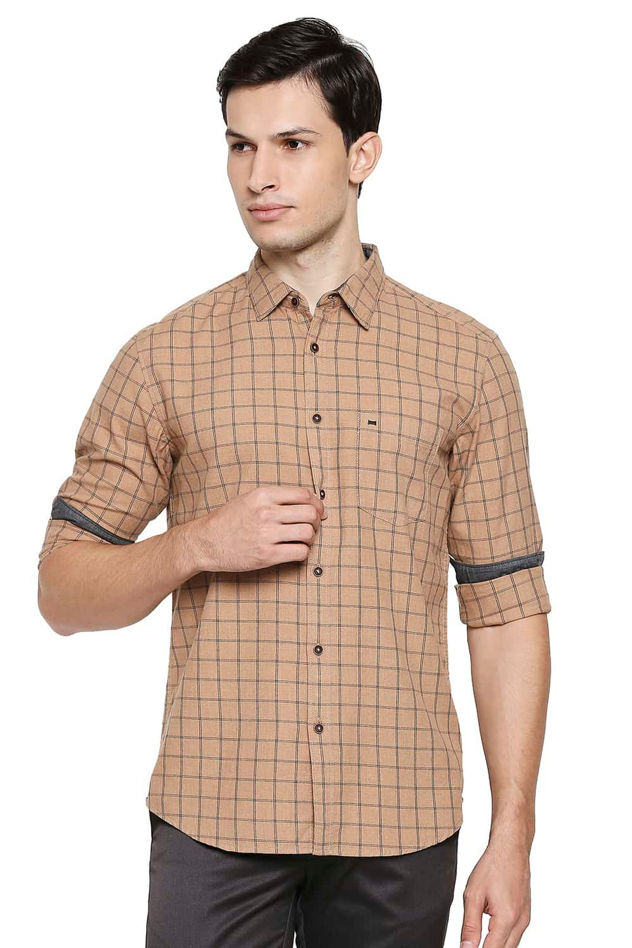 BASICS SLIM FIT MACCHIATO BROWN MELANGE CHECKS SHIRT