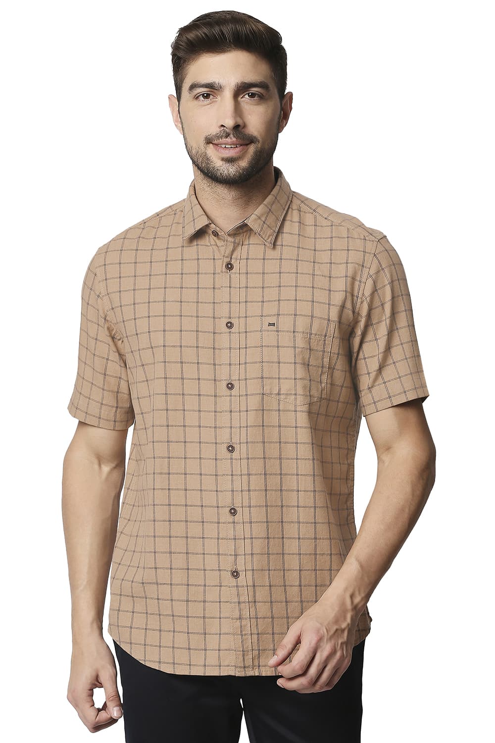 BASICS SLIM FIT MELANGE CHECKS SHIRT