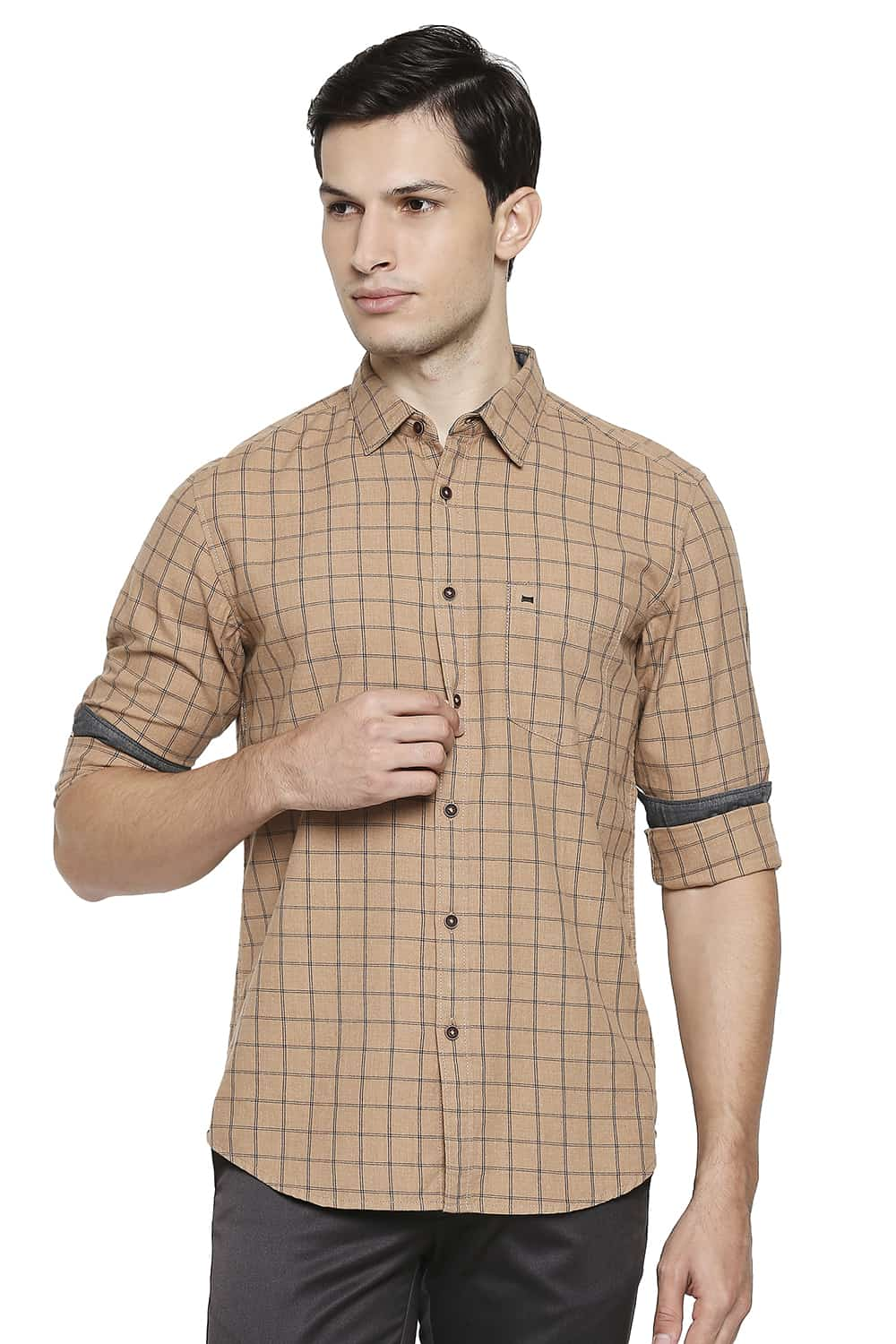 BASICS SLIM FIT MELANGE CHECKS SHIRT