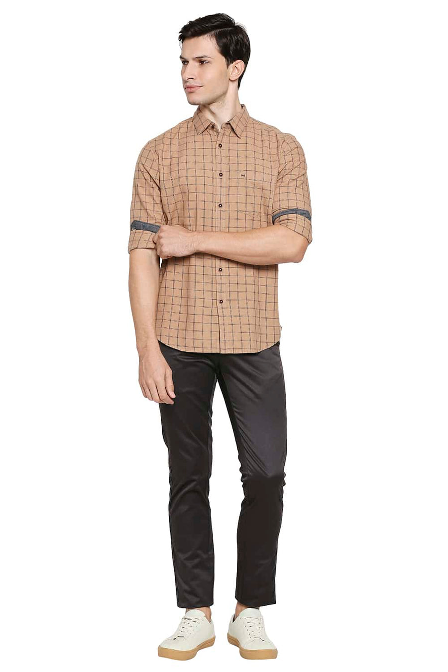 BASICS SLIM FIT MACCHIATO BROWN MELANGE CHECKS SHIRT