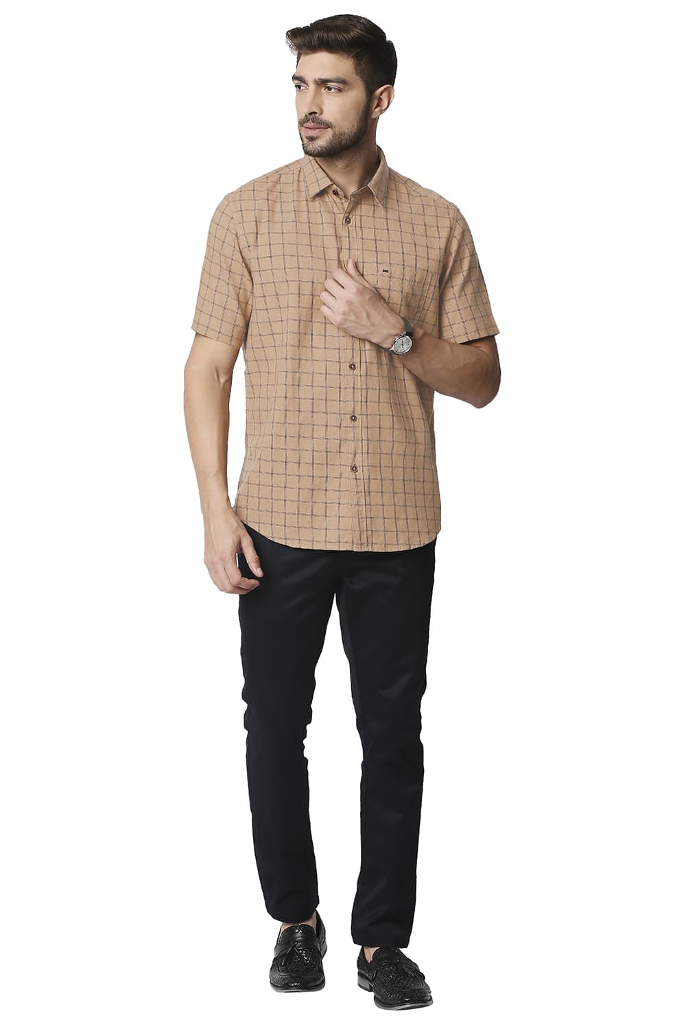 BASICS SLIM FIT MELANGE CHECKS HALFSLEEVES SHIRT