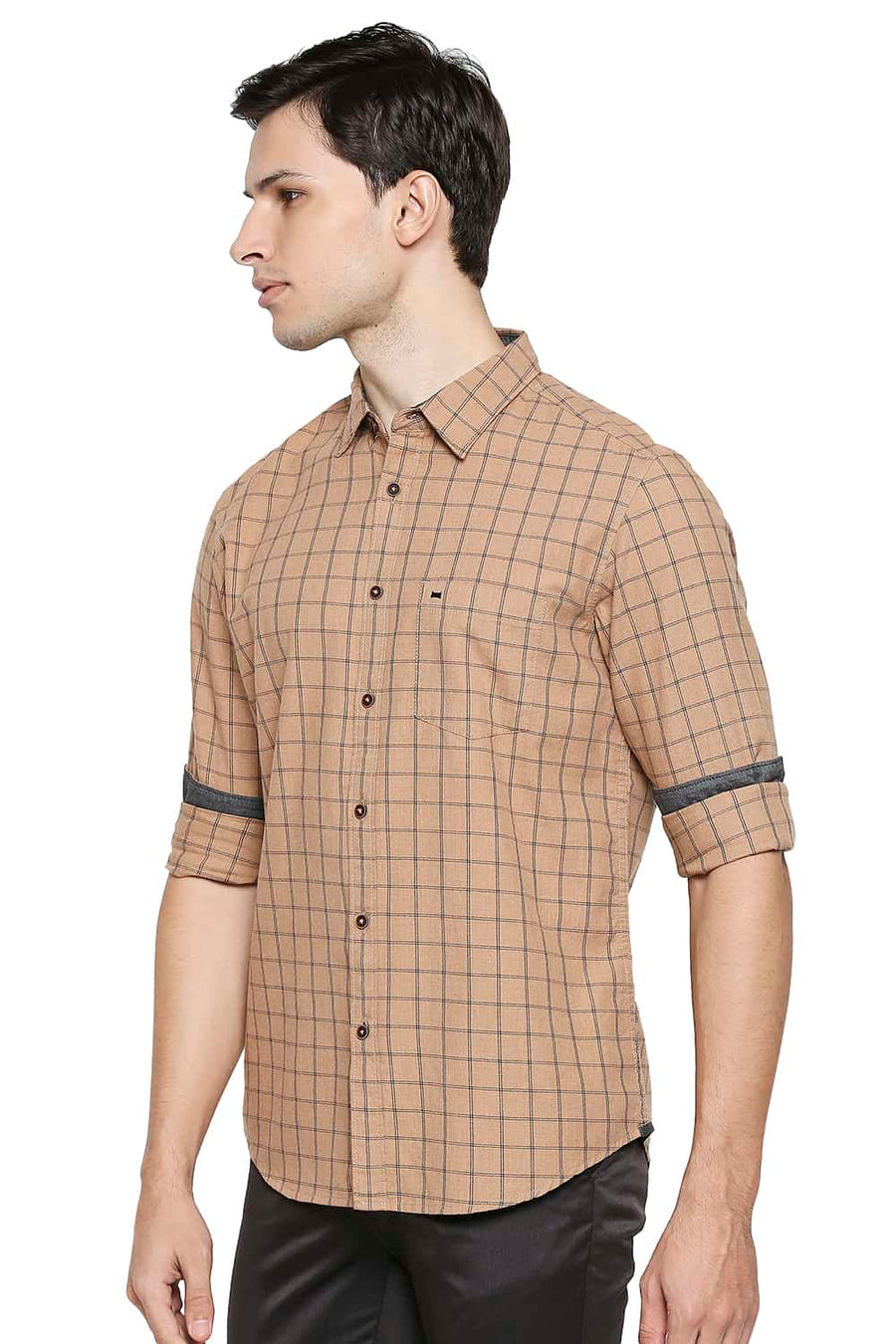 BASICS SLIM FIT MACCHIATO BROWN MELANGE CHECKS SHIRT