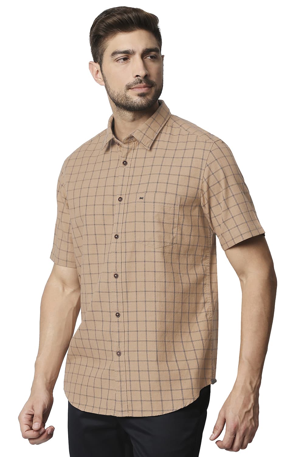 BASICS SLIM FIT MELANGE CHECKS HALFSLEEVES SHIRT