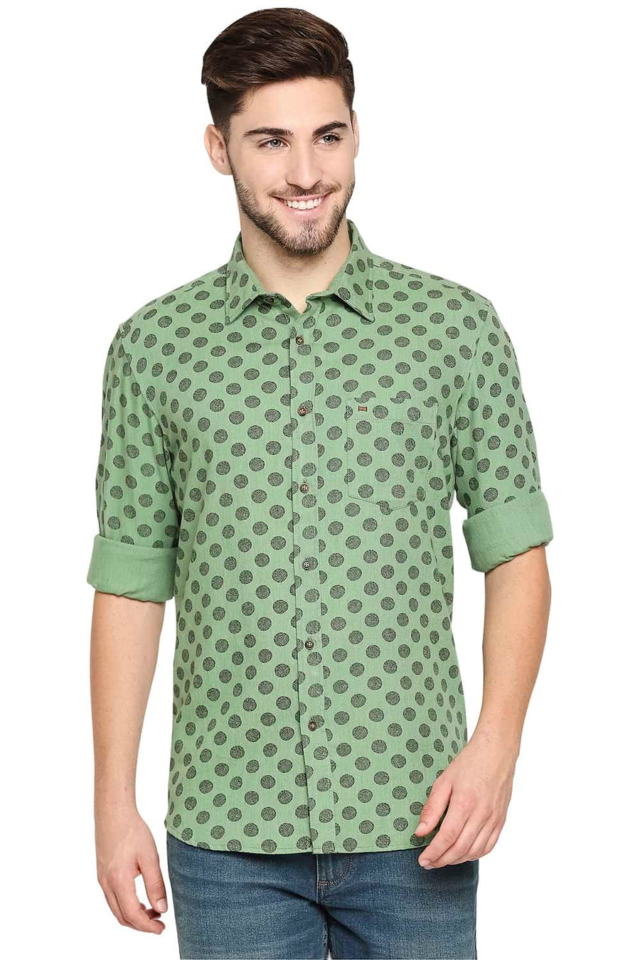 BASICS SLIM FIT KASHMIR GREEN MELANGE PRINTED SHIRT