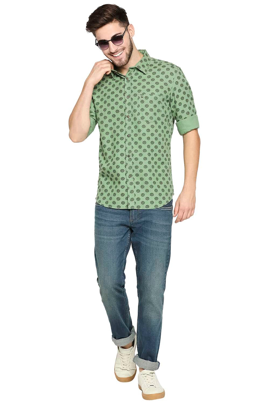 BASICS SLIM FIT KASHMIR GREEN MELANGE PRINTED SHIRT