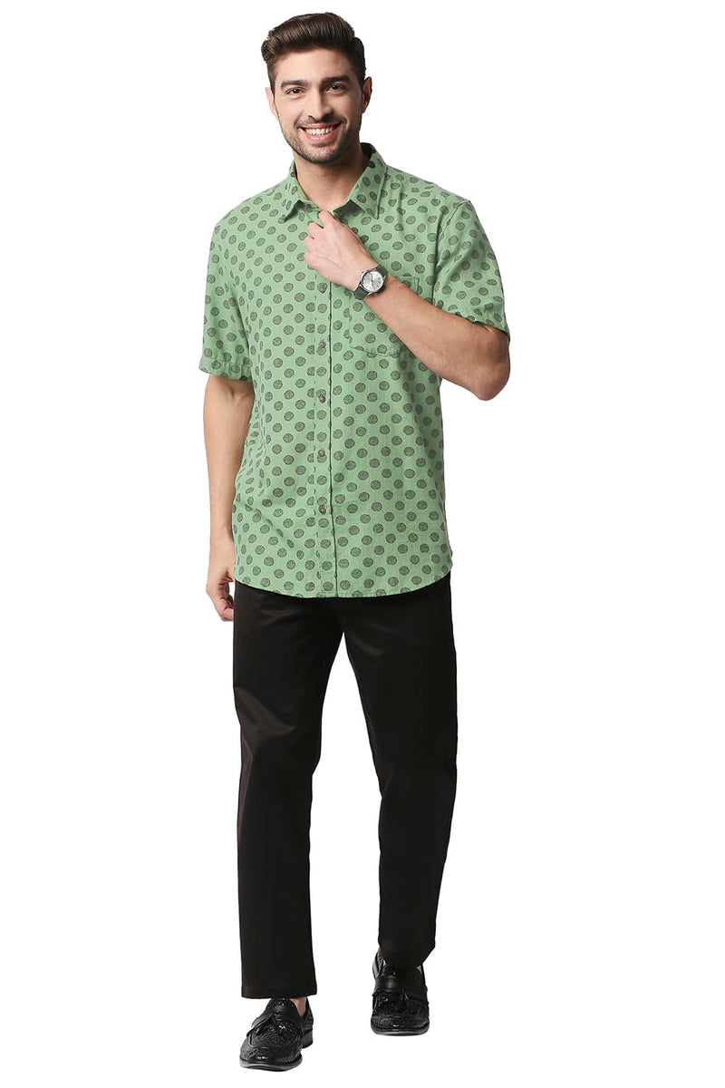 BASICS SLIM FIT MELANGE PRINTED HALFSLEEVES SHIRT