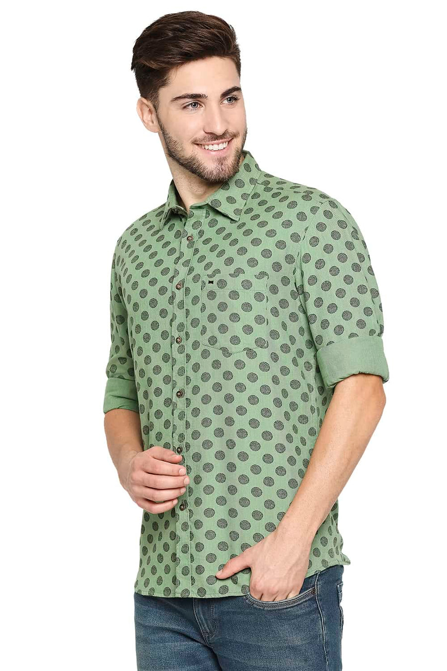 BASICS SLIM FIT KASHMIR GREEN MELANGE PRINTED SHIRT