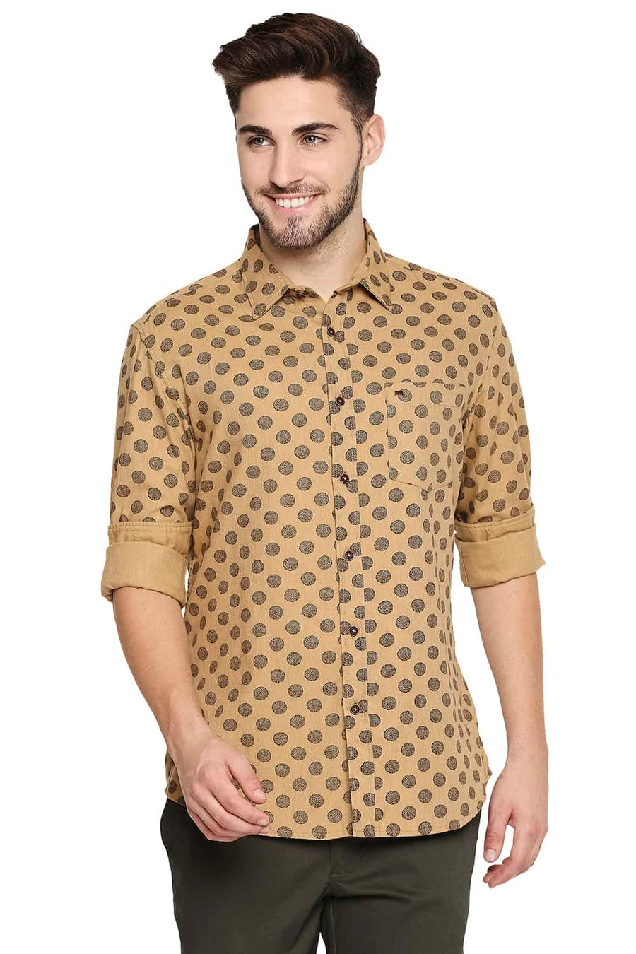 BASICS SLIM FIT CINNAMON BROWN MELANGE PRINTED SHIRT