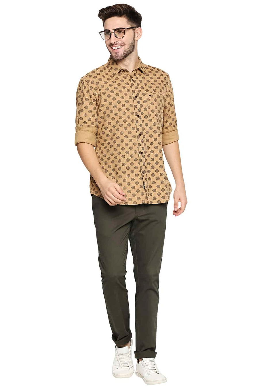 BASICS SLIM FIT CINNAMON BROWN MELANGE PRINTED SHIRT