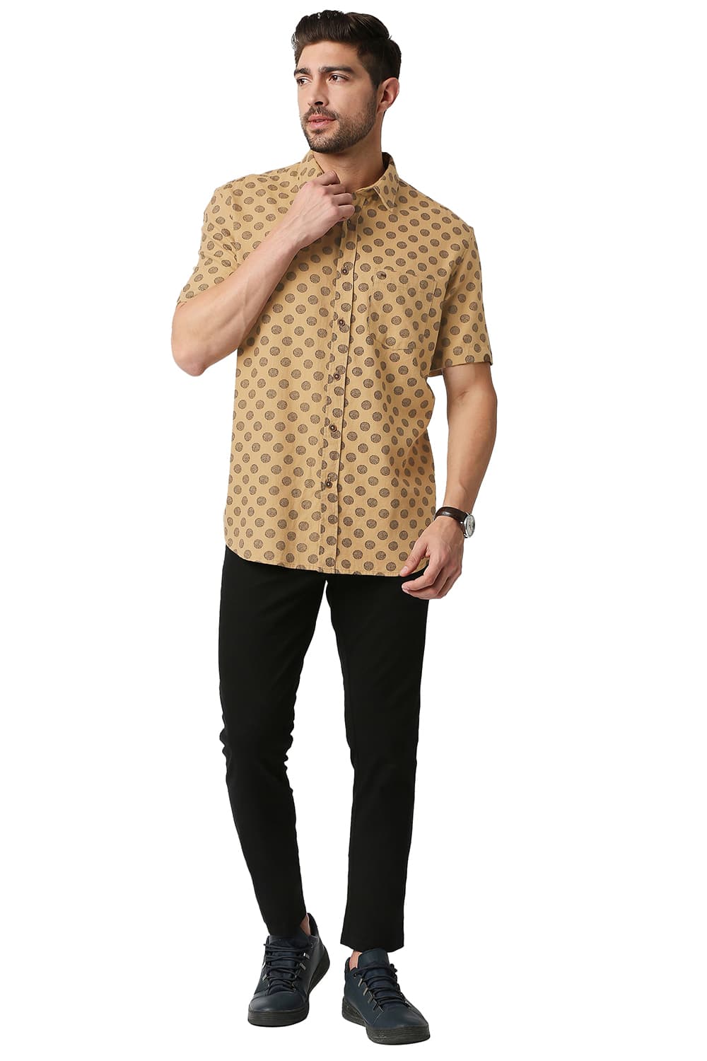 BASICS SLIM FIT MELANGE PRINTED HALFSLEEVES SHIRT