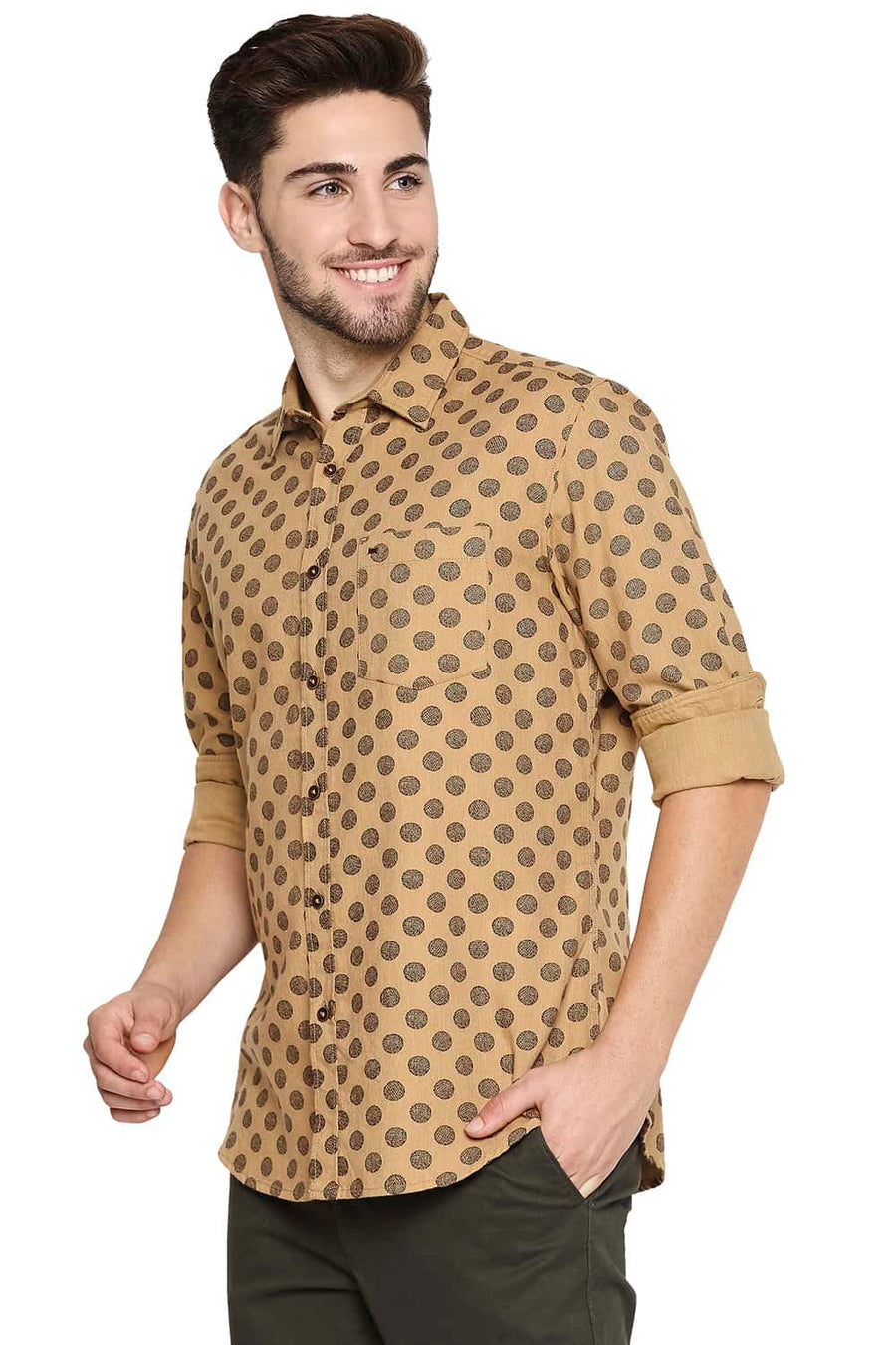 BASICS SLIM FIT CINNAMON BROWN MELANGE PRINTED SHIRT