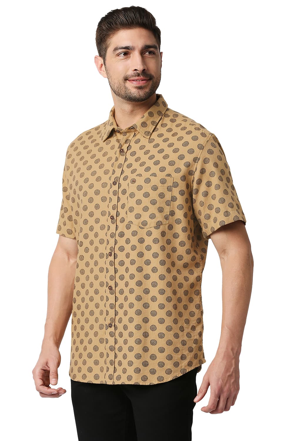 BASICS SLIM FIT MELANGE PRINTED HALFSLEEVES SHIRT