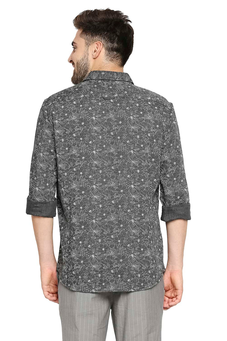 BASICS SLIM FIT SAGE GREY MELANGE PRINTED SHIRT