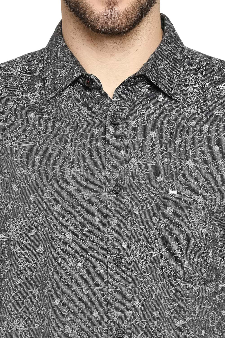 BASICS SLIM FIT SAGE GREY MELANGE PRINTED SHIRT