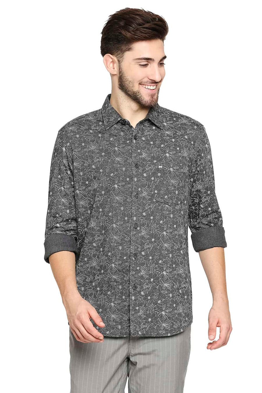 BASICS SLIM FIT SAGE GREY MELANGE PRINTED SHIRT
