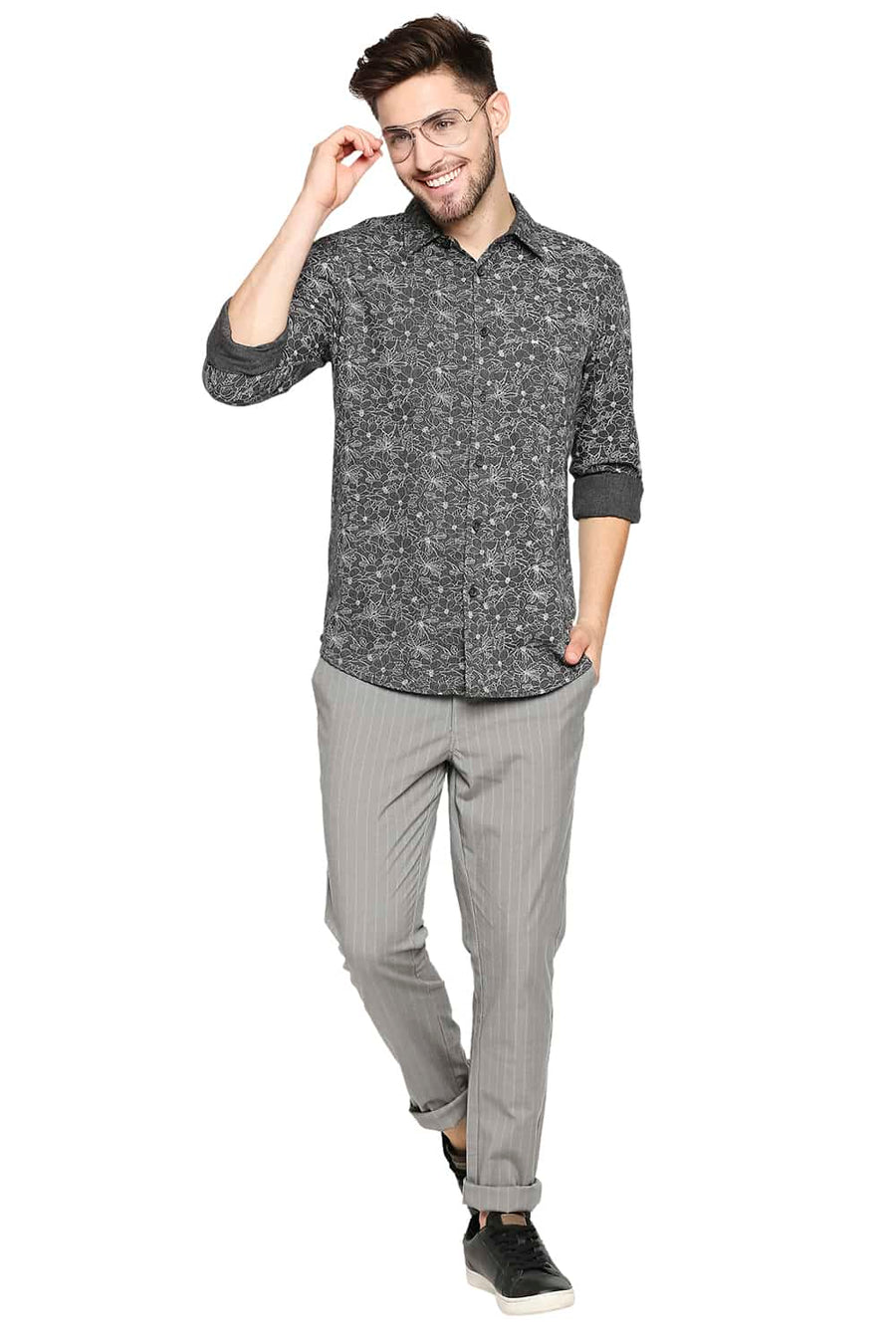 BASICS SLIM FIT SAGE GREY MELANGE PRINTED SHIRT