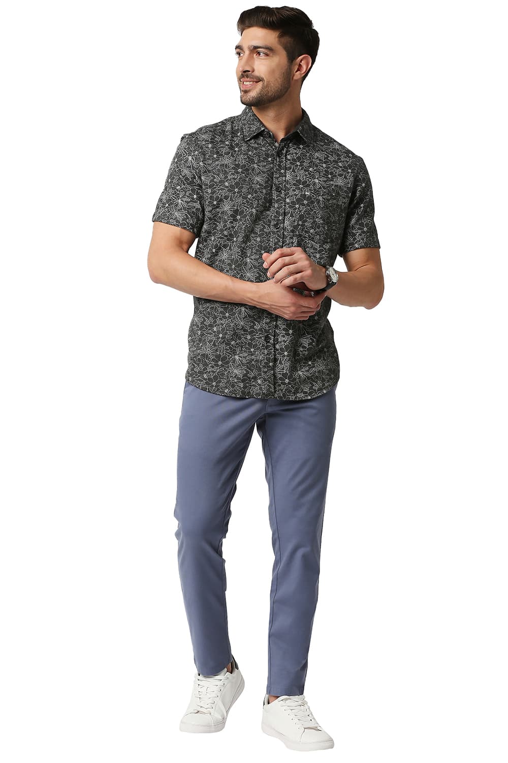 BASICS SLIM FIT MELANGE PRINTED HALFSLEEVES SHIRT