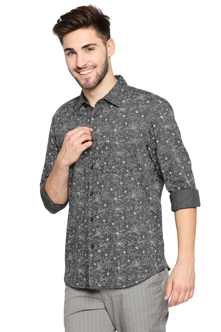 BASICS SLIM FIT SAGE GREY MELANGE PRINTED SHIRT